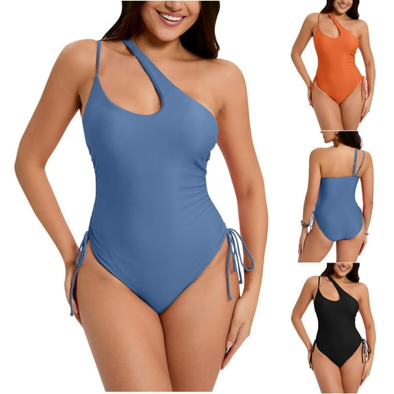 UTSJKR Women's One Piece One Shoulder Swimsuit with Drawstring Tummy Control Bathing Suit Sexy High Cut Swim Suits Black M
