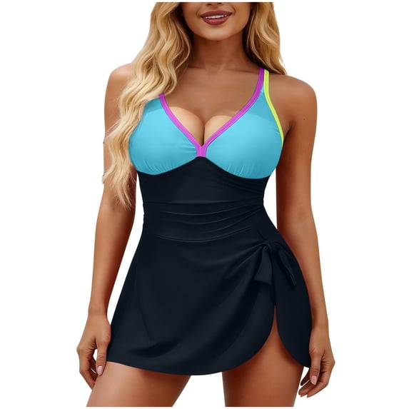 UTSJKR Women's One Piece Swim Dress Fashion Deep V Color Block Side Slit Tummy Control Swimsuit Beach Bathing Suit Blue L