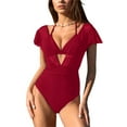 thumbnail image 1 of UTSJKR Women's One Piece Swimsuit Bathing Suit Halter Triangle Tops V Neck Ruched Short Sleeve Mesh Ruffled Red L, 1 of 7