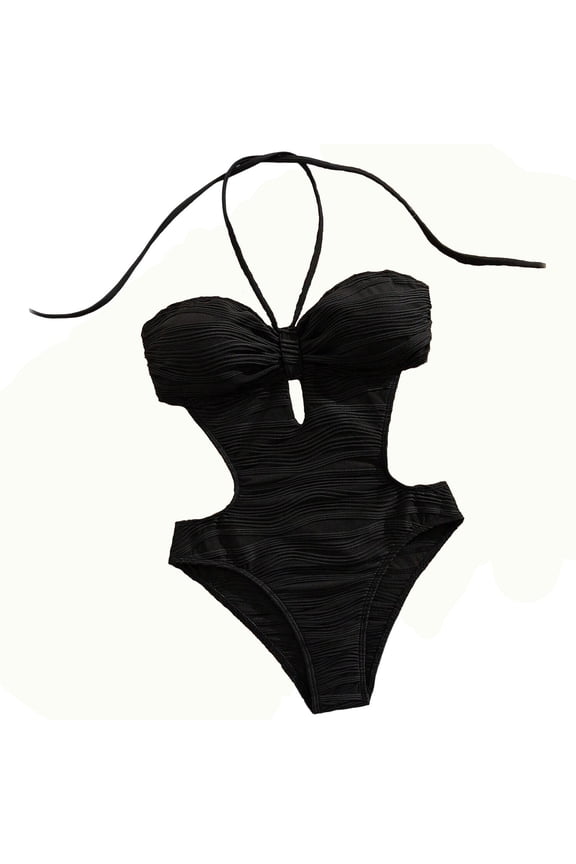 Women's One Piece Swimsuit Cut Out Halter Open Back Bathing Suit Swimwear Tummy Control Cutout Summer Beach Suits Black L