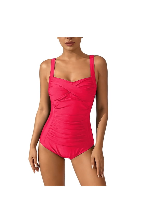 Women's One Piece Swimsuit Front Criss Cross Ruched Tummy Control Bathing Suits Vintage Retro Push Up Swimwear Red M
