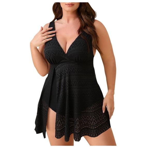 UTSJKR Women's One Piece Swimsuit Plus Size V-Neck Bathing Suit Mesh Hollow Out Leaf Texture Backless Swim with Skirt Black XL