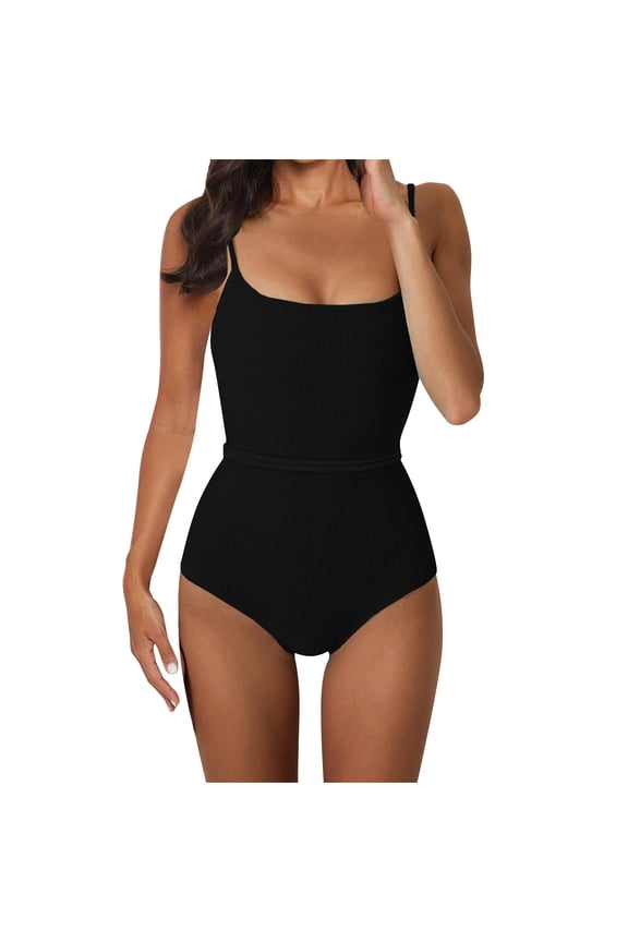 Women's One Piece Swimsuit Ribbed Lace Up Tie Back Bathing Suits Sexy Swimwear Jumpsuit Beachwear Bikini Swimsuits Black M