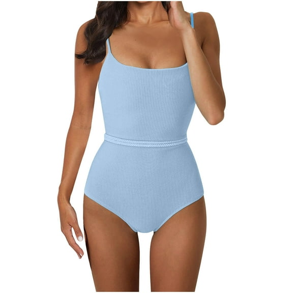 UTSJKR Women's One Piece Swimsuit Ribbed Lace Up Tie Back Bathing Suits Sexy Swimwear Jumpsuit Beachwear Bikini Swimsuits Sky Blue L