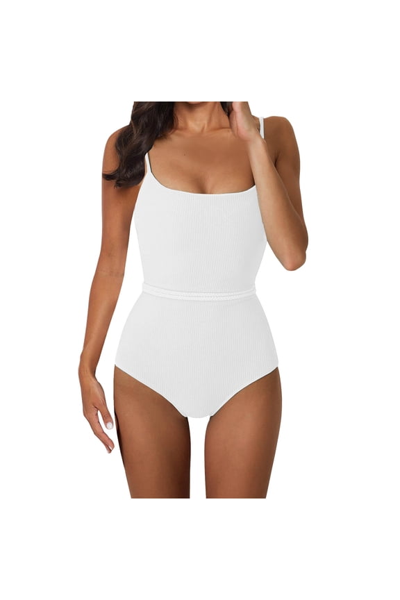 Women's One Piece Swimsuit Ribbed Lace Up Tie Back Bathing Suits Sexy Swimwear Jumpsuit Beachwear Bikini Swimsuits White M