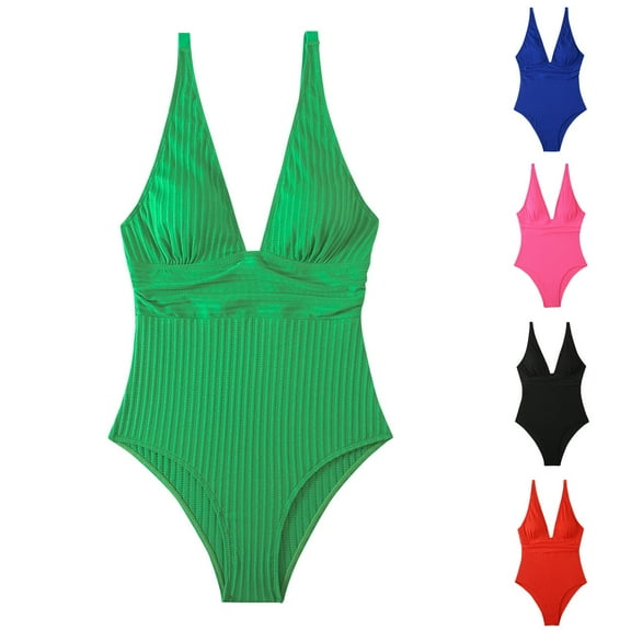 UTSJKR Women's One Piece Swimsuit Ruched Textured Ribbed Tummy Control Bathing Suit V Neck Slimming 1 Piece Swimwear Black 6