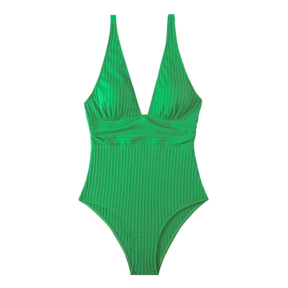 UTSJKR Women's One Piece Swimsuit Ruched Textured Ribbed Tummy Control Bathing Suit V Neck Slimming 1 Piece Swimwear Green 10