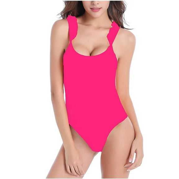 UTSJKR Women's One Piece Swimsuit Ruffle Trim Strappy Open Back High Cut Bathing Suit Fashion Push Up Tummy Control Swimwear Hot Pink XL