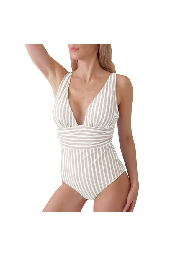 Women's One Piece Swimsuit Striped Beachwear Bodysuit Tummy Control Bathing Suit V Neck Slimming 1 Piece Swimwear White S