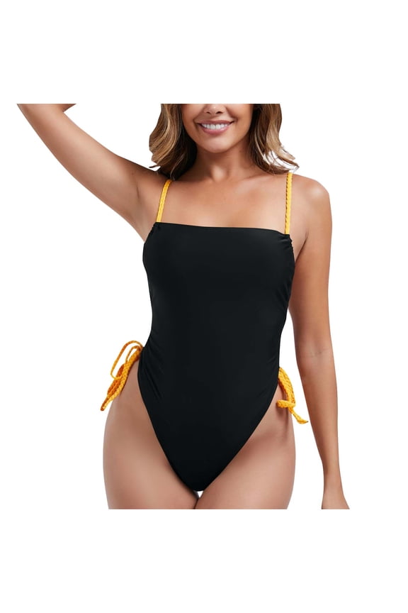 Women's One Piece Swimsuit Tummy Control Ruched Swimwear Drawstring Side Tied Cheeky High Cut Monokini Bathing Suit Black L