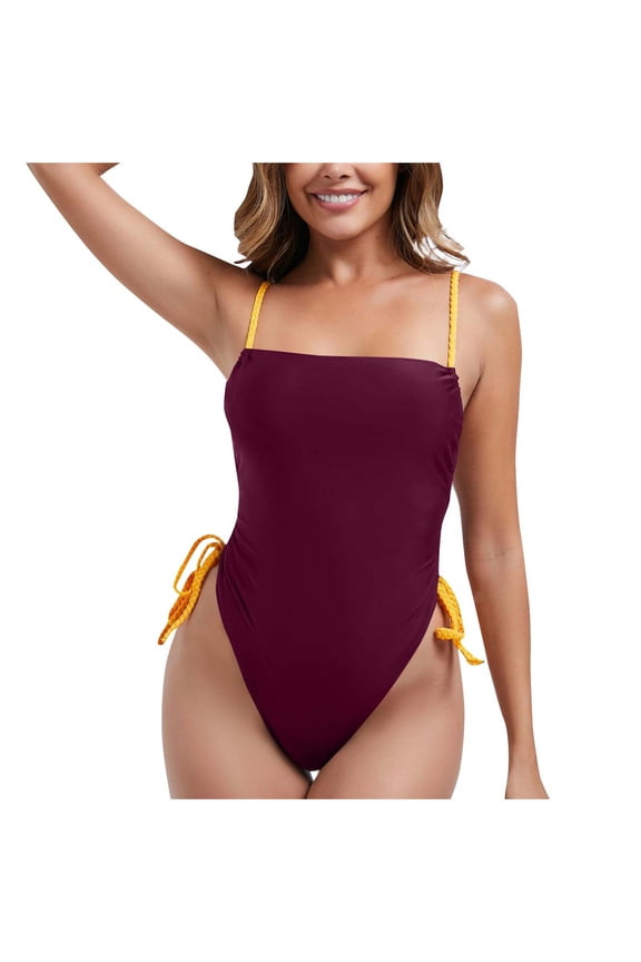 Women's One Piece Swimsuit Tummy Control Ruched Swimwear Drawstring Side Tied Cheeky High Cut Monokini Bathing Suit Red L
