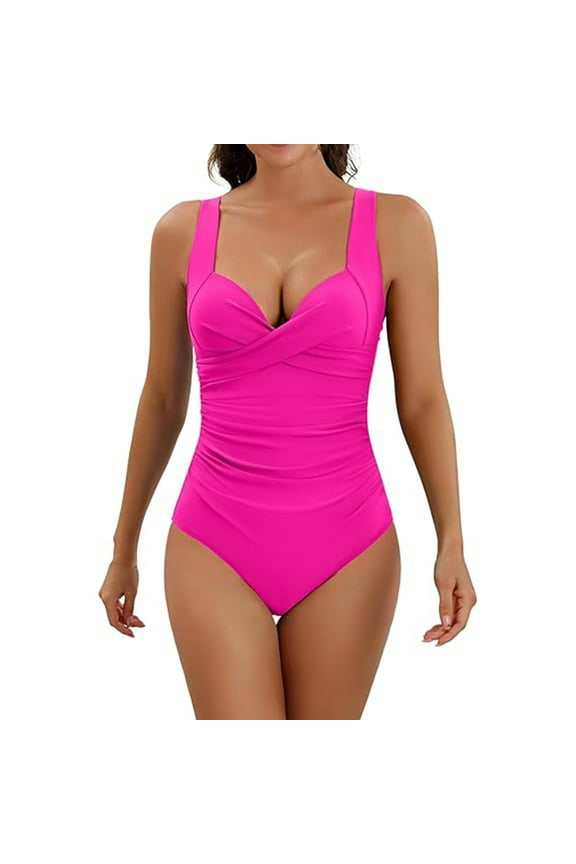Women's One Piece Swimsuit Tummy Control Slimming Push Up Bra Bathing Suits Wrap Twist 1 Piece Swimwear Hot Pink M
