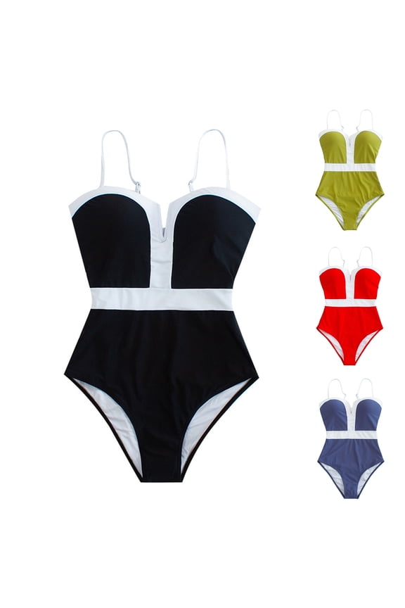 Women's One Piece Swimsuit Tummy Control Slit V Neck Color Block Slimming High Cut Bathing Suit Adjustable Strap Black M