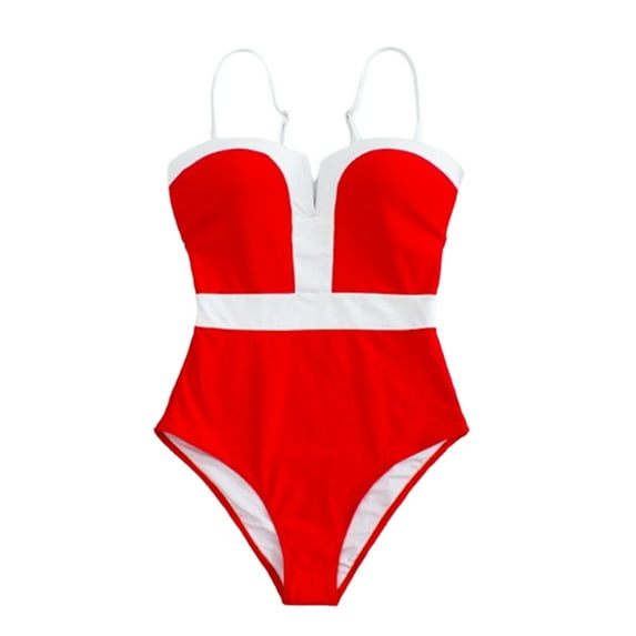UTSJKR Women's One Piece Swimsuit Tummy Control Slit V Neck Color Block Slimming High Cut Bathing Suit Adjustable Strap Red XL