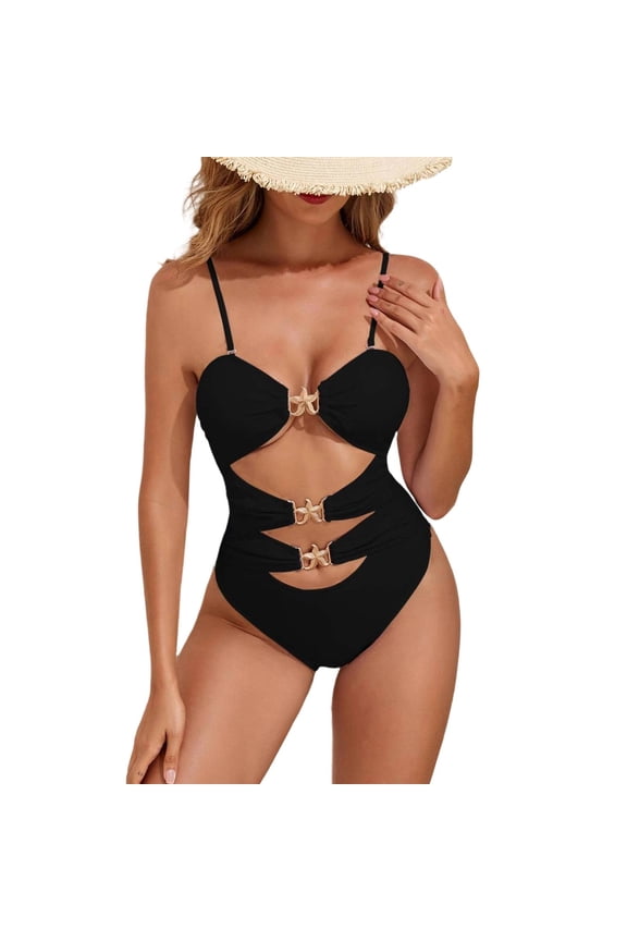 Women's One-Piece Swimsuit Tummy Control Trendy Ruched Bandeau Monokini Resort Vacation 2026 Bathing Suit Black M