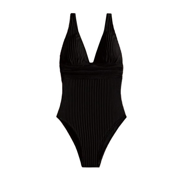 UTSJKR Women's One Piece Swimsuit Wide Straps V Neck Ruched Textured Ribbed Solid Twist Back Bathing Suit Black S
