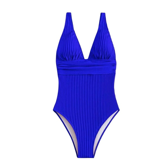 UTSJKR Women's One Piece Swimsuit Wide Straps V Neck Ruched Textured Ribbed Solid Twist Back Bathing Suit Blue M