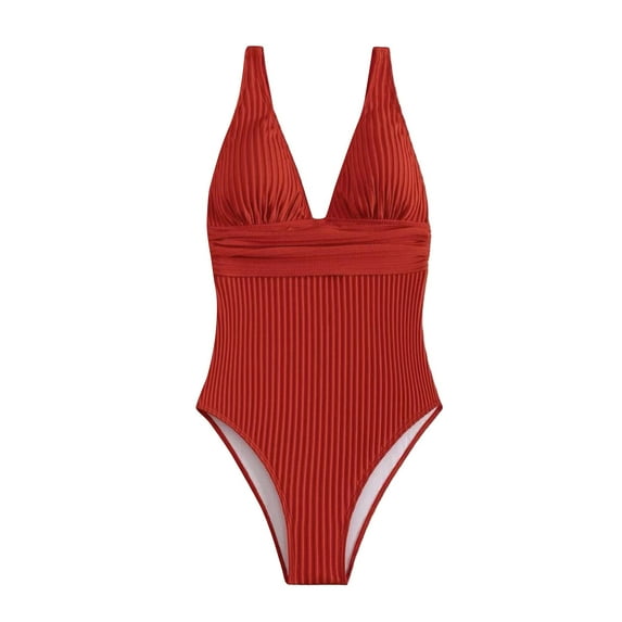 UTSJKR Women's One Piece Swimsuit Wide Straps V Neck Ruched Textured Ribbed Solid Twist Back Bathing Suit Red L