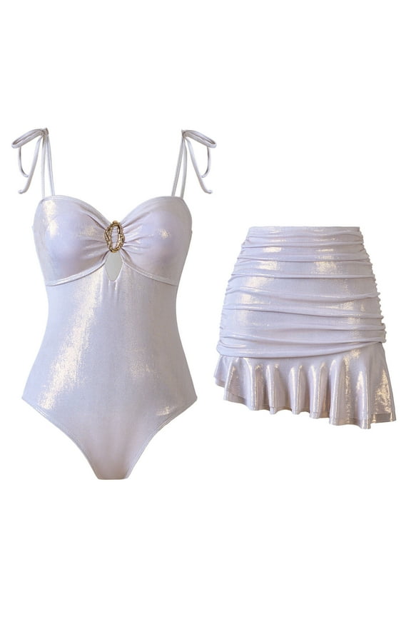 Women's One Piece Swimsuit with Cover up Set Beach Wrap Skirt Retro Bikini Set Bathing Suit with Cover up White S