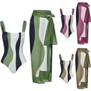 UTSJKR Women's One Piece Swimsuit with Matching Cover Ups Wrap Skirt Sarong Retro Patchwork Print Two Piece Bathing Suit Green M