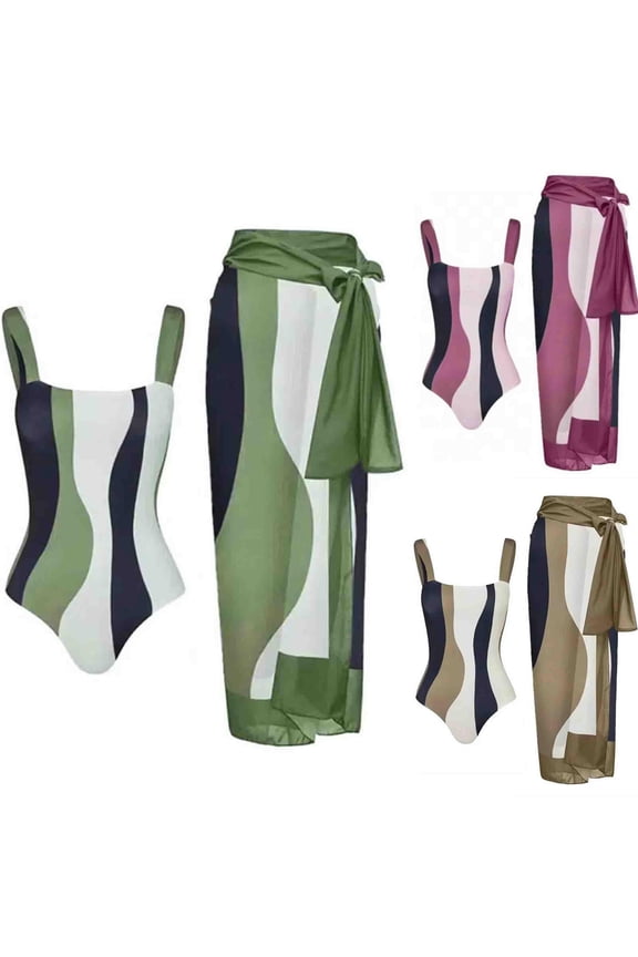 Women's One Piece Swimsuit with Matching Cover Ups Wrap Skirt Sarong Retro Patchwork Print Two Piece Bathing Suit Green M