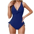 thumbnail image 1 of UTSJKR Women's One Piece Swimsuits 2025 Tummy Control Bathing Suits Push Up V Neck Swimwear with Twist Tummy Control Ruched Bikini with Side Ties Blue S, 1 of 4