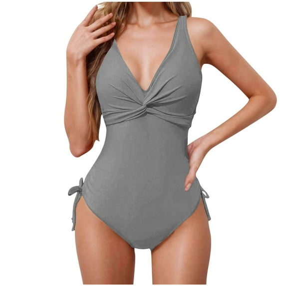 UTSJKR Women's One Piece Swimsuits 2025 Tummy Control Bathing Suits Push Up V Neck Swimwear with Twist Tummy Control Ruched Bikini with Side Ties Gray S