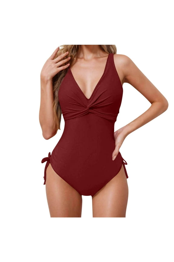Women's One Piece Swimsuits 2025 Tummy Control Bathing Suits Push Up V Neck Swimwear with Twist Tummy Control Ruched Bikini with Side Ties Wine M