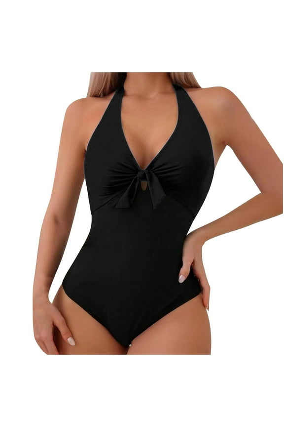Women's One Piece Swimsuits Halter Bathing Suits Push Up Swim Suits Bow Tie Front Slimming Tummy Control Swimwear Black M