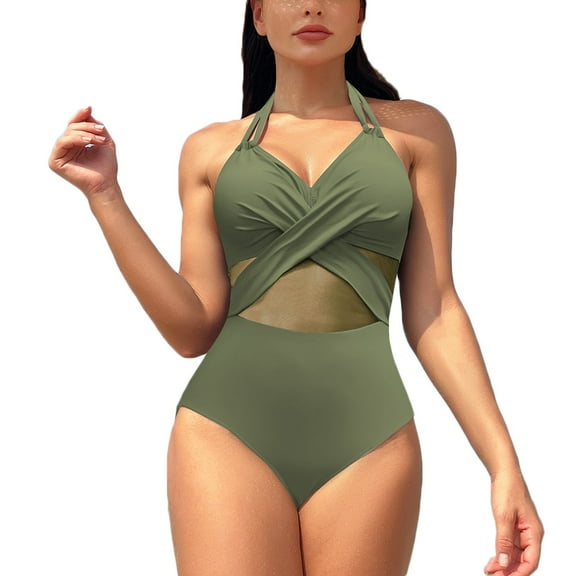 UTSJKR Women's One Piece Swimsuits Halter Cutout Mesh Swimwear High Waisted Tummy Control Wrap Tie Bathing Suit Army Green S