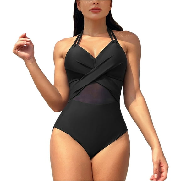 UTSJKR Women's One Piece Swimsuits Halter Cutout Mesh Swimwear High Waisted Tummy Control Wrap Tie Bathing Suit Black L