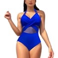 thumbnail image 1 of UTSJKR Women's One Piece Swimsuits Halter Cutout Mesh Swimwear High Waisted Tummy Control Wrap Tie Bathing Suit Blue L, 1 of 5