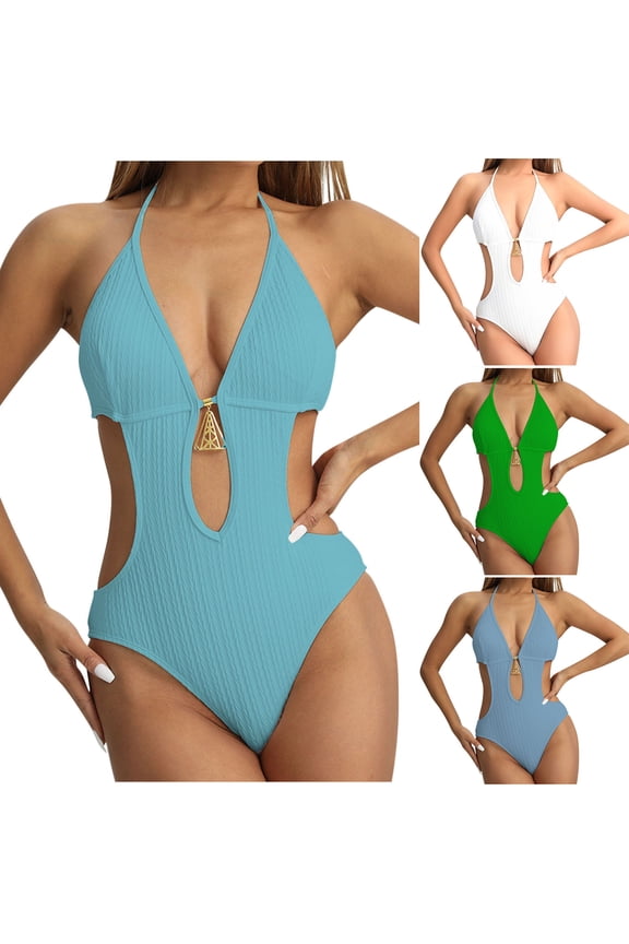 Women's One Piece Swimsuits Monokinis Cutout High Waisted Tummy Control Bathing Suit Tie Back Beach Holiday Swimwear Blue XL