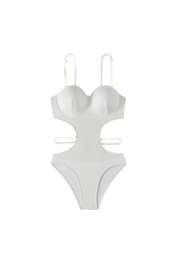 Women's One Piece Swimsuits Sexy Hollow Out Metal Chain Strap Bikini Bathing Suits High Waist Back Tie Swimwear White M