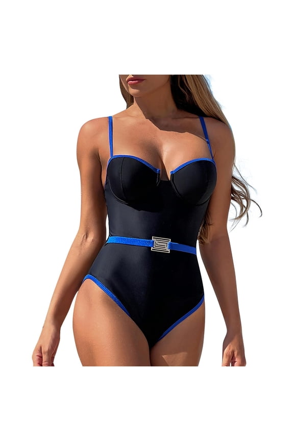 Women's One Piece Swimsuits Tummy Control Bathing Suits Summer Fashion Beach Color Block Swim Suits Slimming Swimwear Blue 4-6