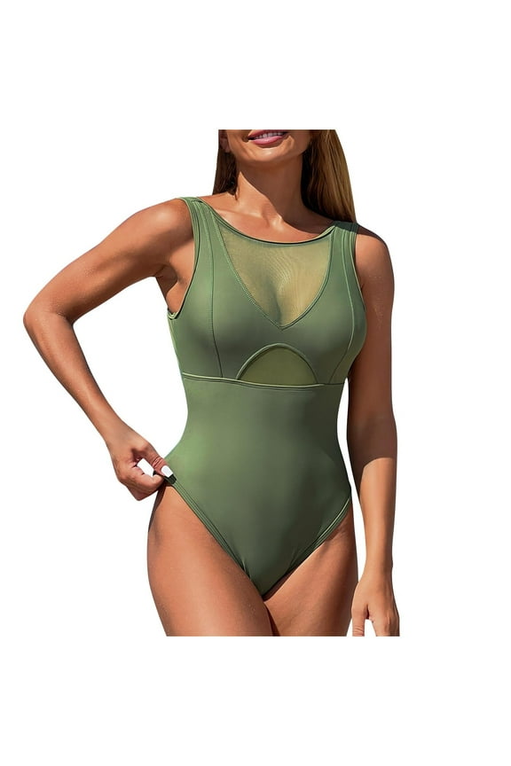 Women's One Piece Swimsuits Tummy Control Bathing Suits Vintage Padded Swimwear Slimming Swim Suits Army Green 4-6
