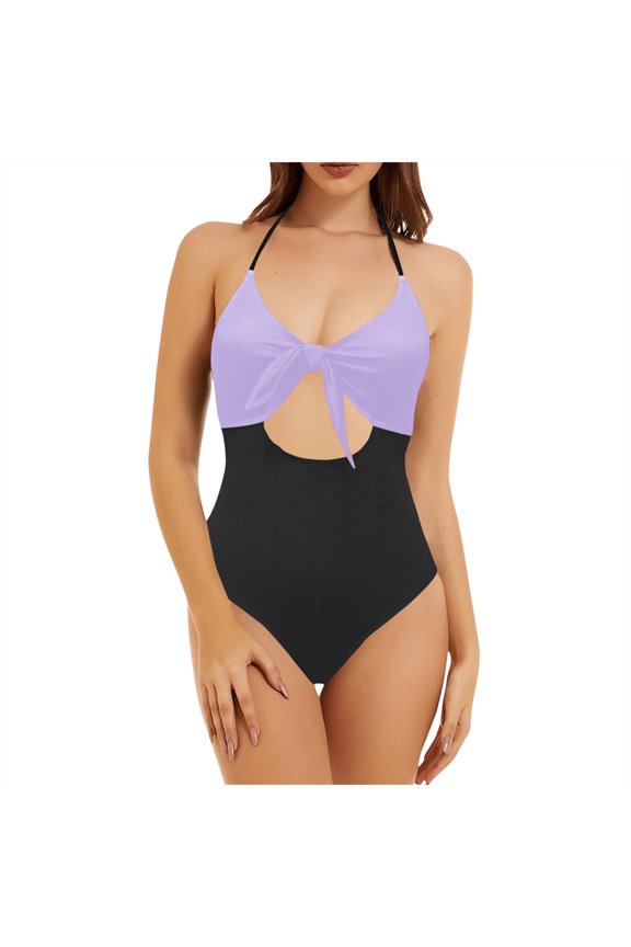 Women's One Piece Swimsuits Tummy Control Cutout High Waisted Bathing Suit Front Tie Backless Color Block Swimsuit Purple S