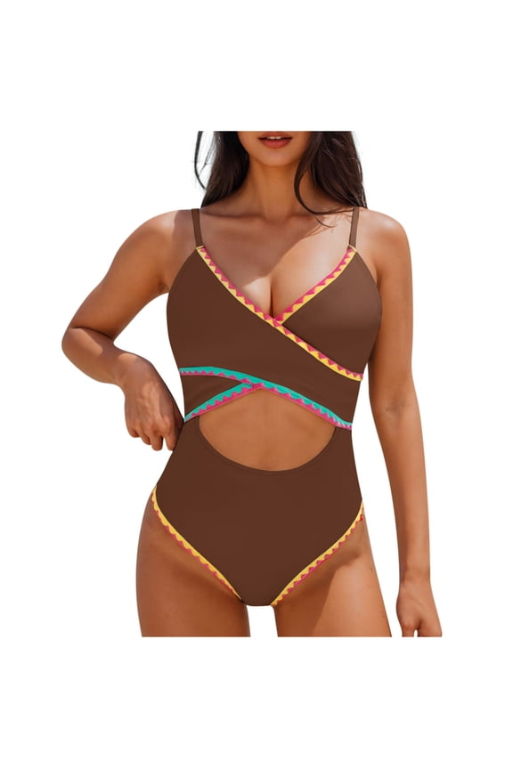 Women's One Piece Swimsuits Tummy Control Cutout High Waisted Bathing Suit Wrap Tie Back Color Block Backless Swimwear Brown S