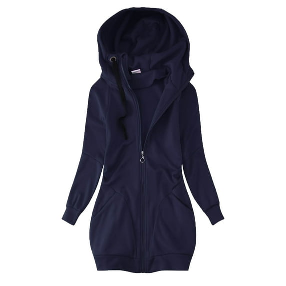 UTSJKR Women's Outwear Autumn Winter Solid Color Loose Long Sleeve Hooded Zip Up Long Hoodie Sweatshirt Overcoat with Pockets Navy XXL