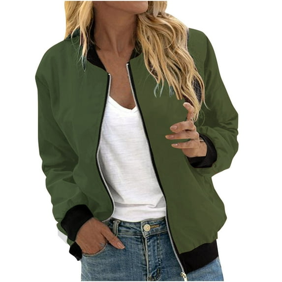 UTSJKR Women's Oversized Bomber Jacket 2024 Fashion Solid Color Coat Fall Fashion Lightweight Zip Up Long Sleeve Outerwear Windbreaker with Pocket Army Green XXXL