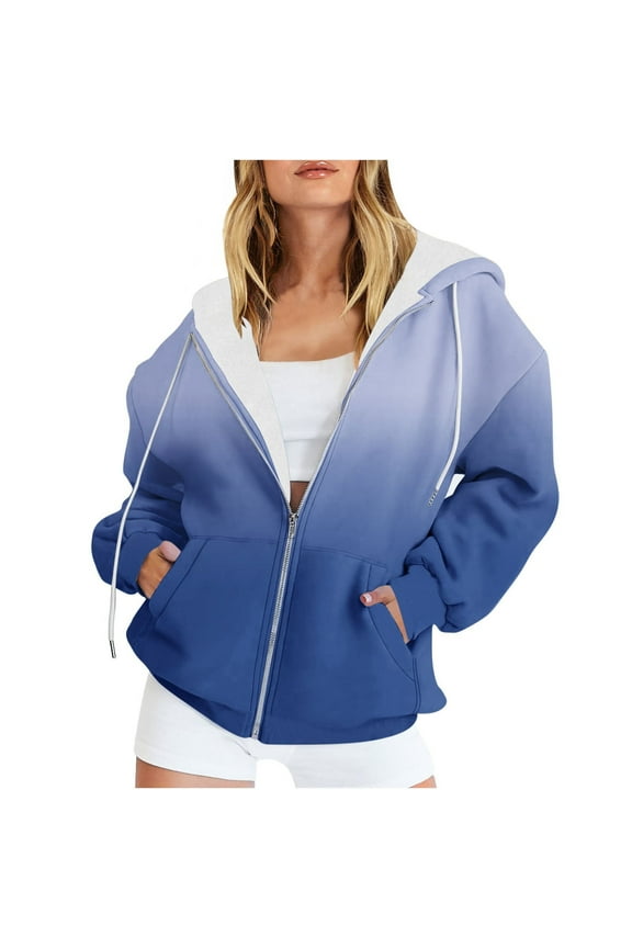 Women's Oversized Gradient Hoodies Full Zipper Long Sleeve Pullover Sweatshirt Fleece Lined Warm Jacket 2024 Fashion Winter Outwear Blue XXXL