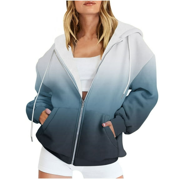 UTSJKR Women's Oversized Gradient Hoodies Full Zipper Long Sleeve Pullover Sweatshirt Fleece Lined Warm Jacket 2024 Fashion Winter Outwear White L
