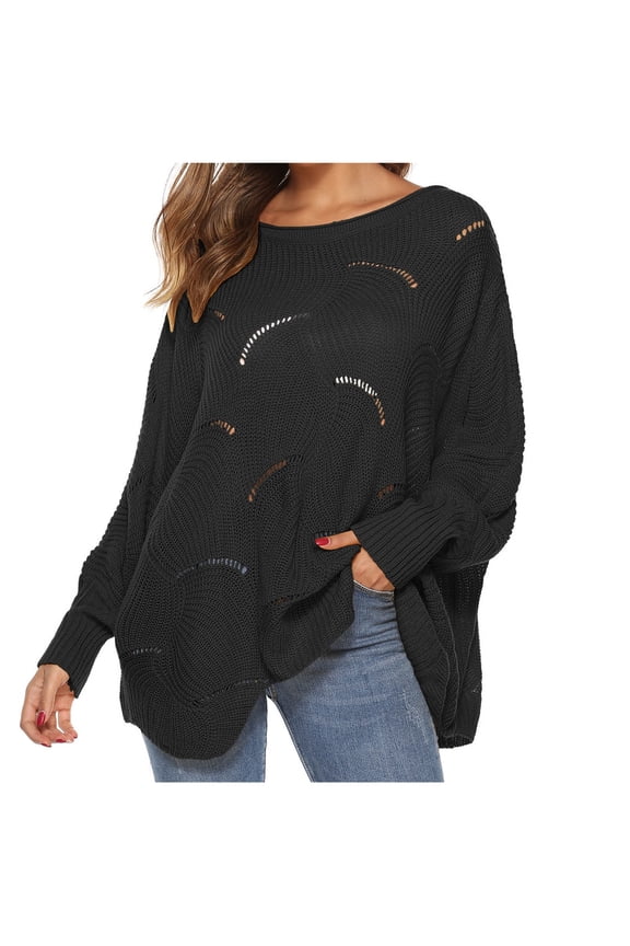 Women's Oversized Knit Sweaters 2024 Fashion Solid Crew Neck Pullover Tops Casual Loose Fit Hollow Out Jumper Knitwear Batwing Sleeve Long Sleeve Sweaters Black XL