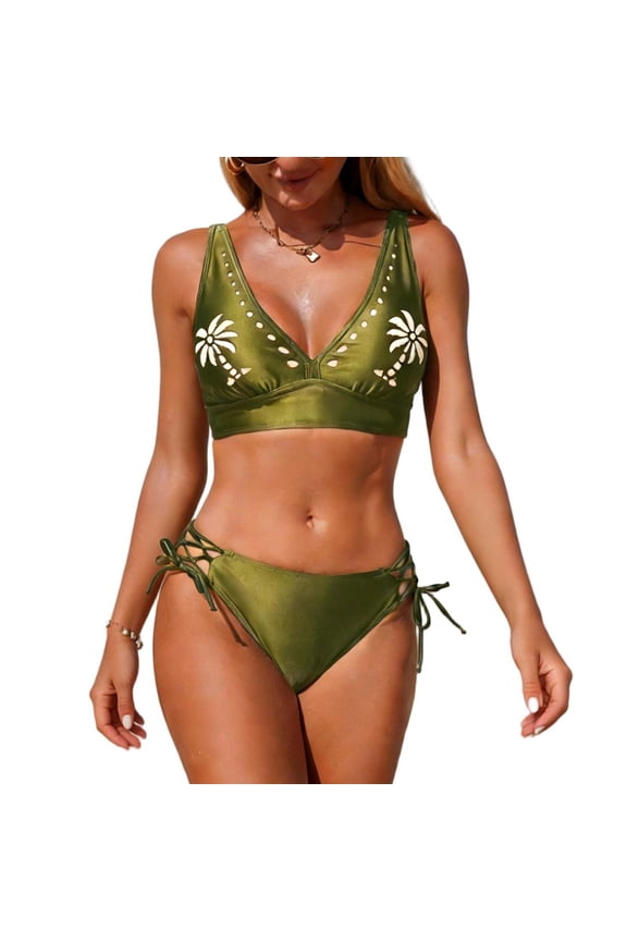 Women's Palm Tree Print V Neck Bikini Set Lace Up Side Two Piece Swimsuit for Beach Pool Vacation Swimwear Green L