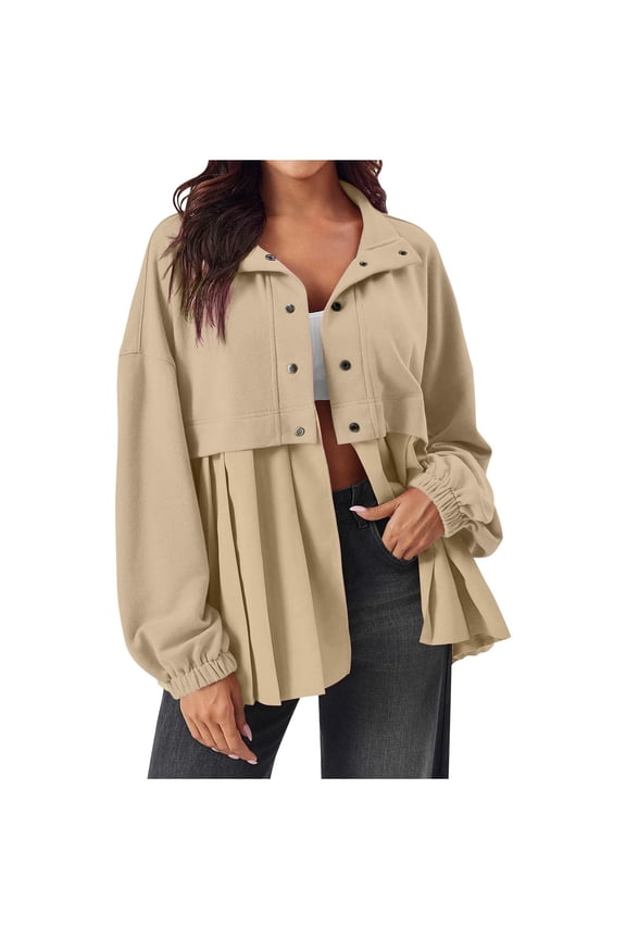 Women's Pleated Button Up Jackets 2024 Fashion Solid Long Sleeve Loose Fit Sweatshirt Oversized Cardigan Tops Khaki XXL