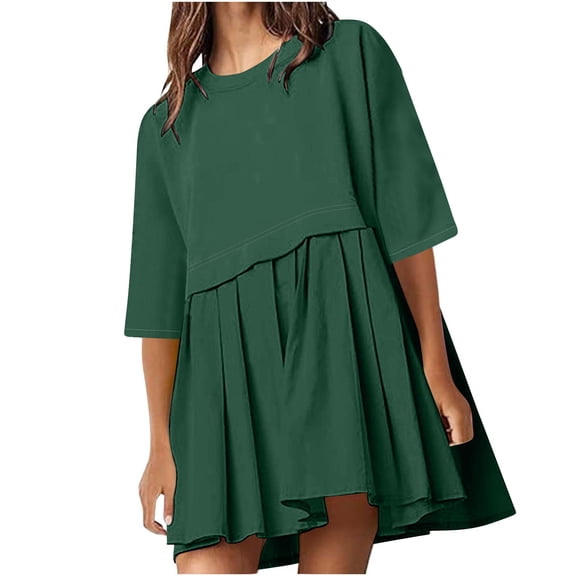 UTSJKR Women's Pleated Mini Dress 2024 Fashion Elegant Solid Crew Neck Sundress Casual Loose Fit Flowy A Line Swing Beach Dress 3/4 Length Sleeve Smocked Green XXL