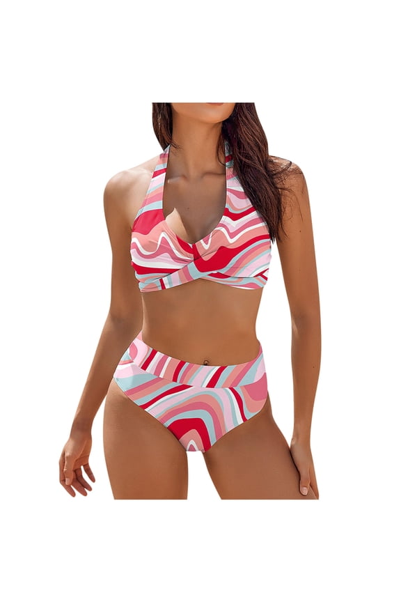 Women's Plus Size Allover Print Halter High Waisted Bikini Set Bathing Suits 2 Piece Swimsuits V Neck Bathing Suits Pink 4