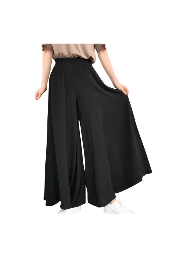 Women's Plus Size Classic Solid Color Loose Fit Palazzo Pants Casual Comfy High Waist Wide Leg Culottes Trousers with Pockets Black L