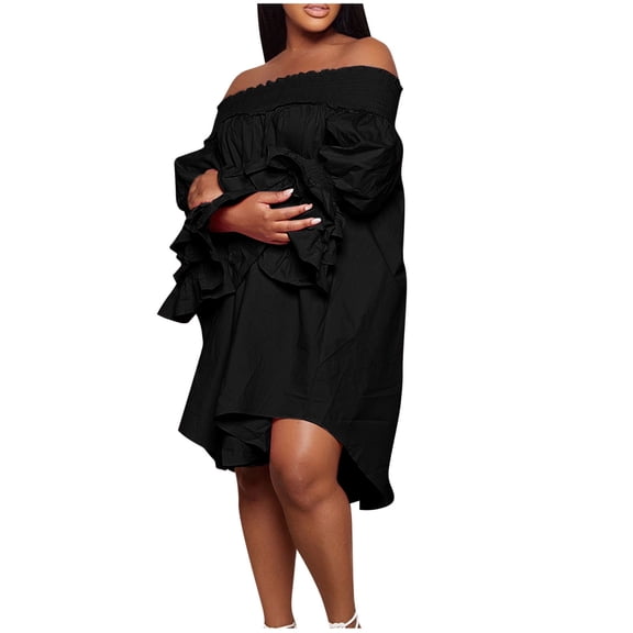 UTSJKR Women's Plus Size Dress 2024 Fashion Color Block Off Shoulder Dress Ruffle Loose Irregular Hem Midi Dress Bell Sleeve Long Sleeve Sundress Black XXXL