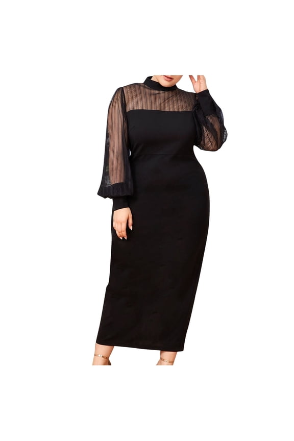 Women's Plus Size Formal Dresses Long Sleeve Sundress 2024 Fashion Classic Solid Tulle Patchwork High Neck Dress Slim Fit Pencil Midi Party Dress Black L
